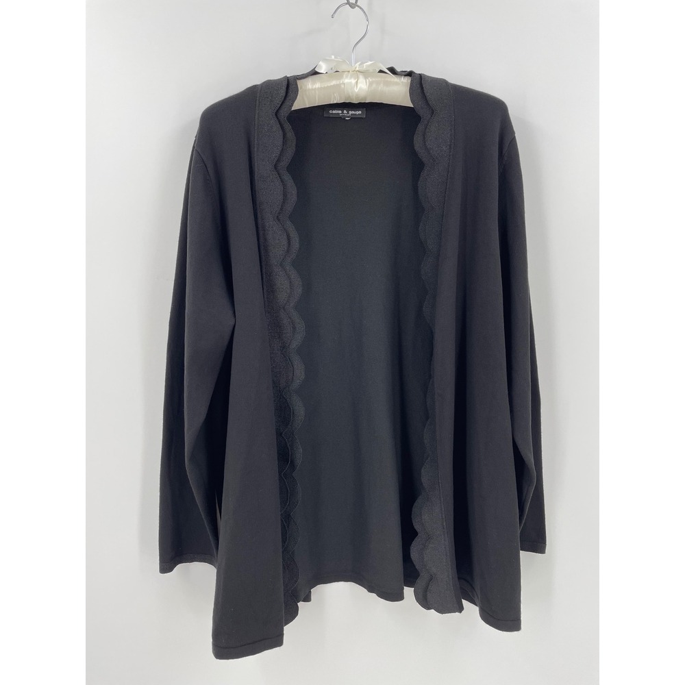 Cable Gauge Black Scalloped Open Front Cardigan Rayon Knit XL - Picture 1 of 8